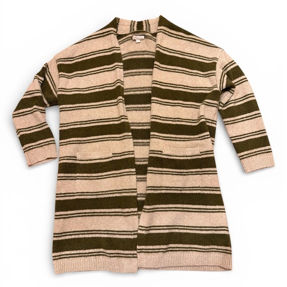 Knox Rose Women's Size Large Long Sleeve Open Front Cardigan Olive Striped - Picture 2 of 9